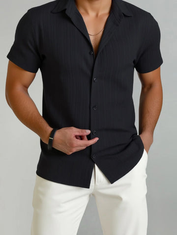 2025 Summer New Men's Short - Sleeve Shirt, GrayTextured Cuban Collar Casual Shirt